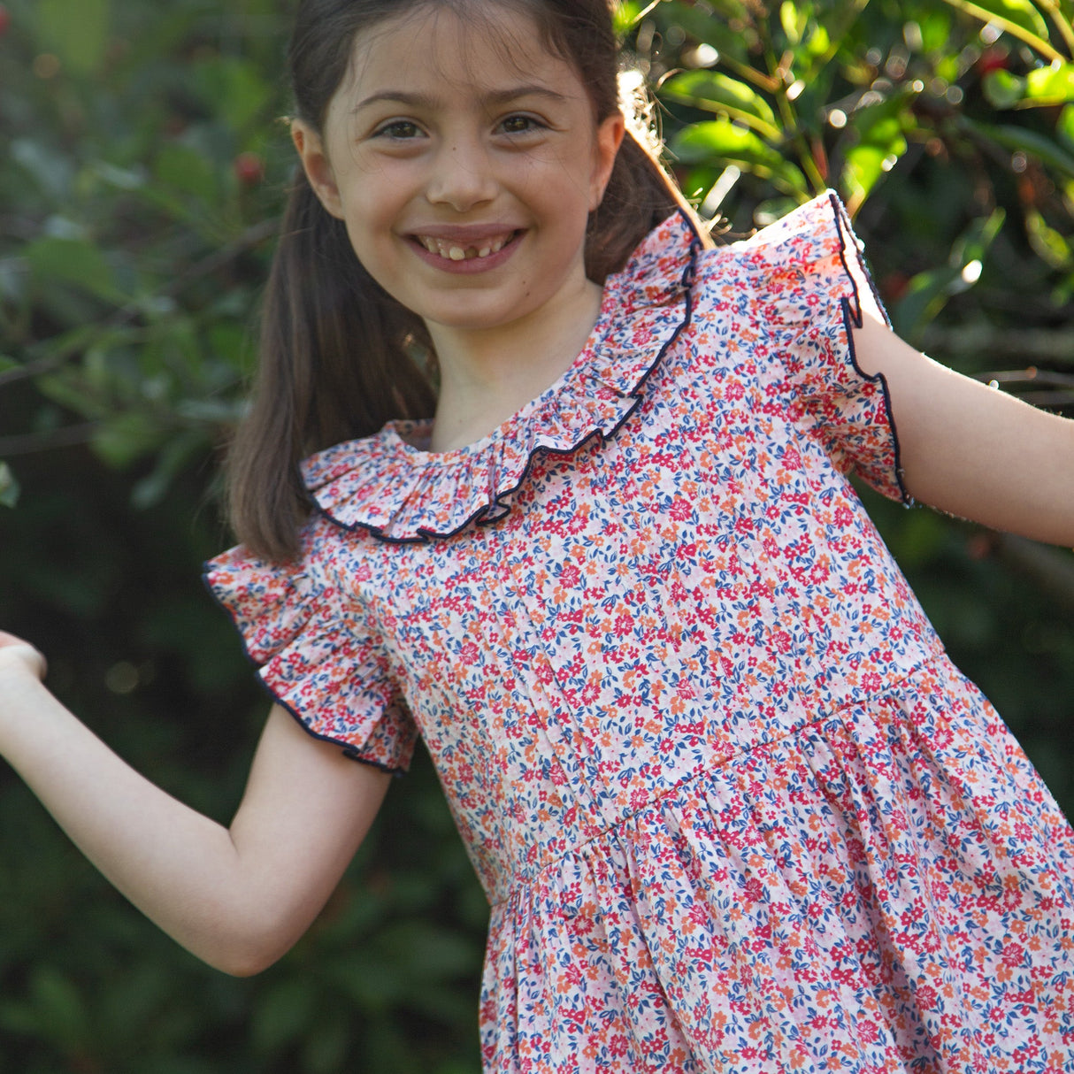Girls Ana Dress with Ruffles | Red and Blue Floral - HoneyBug