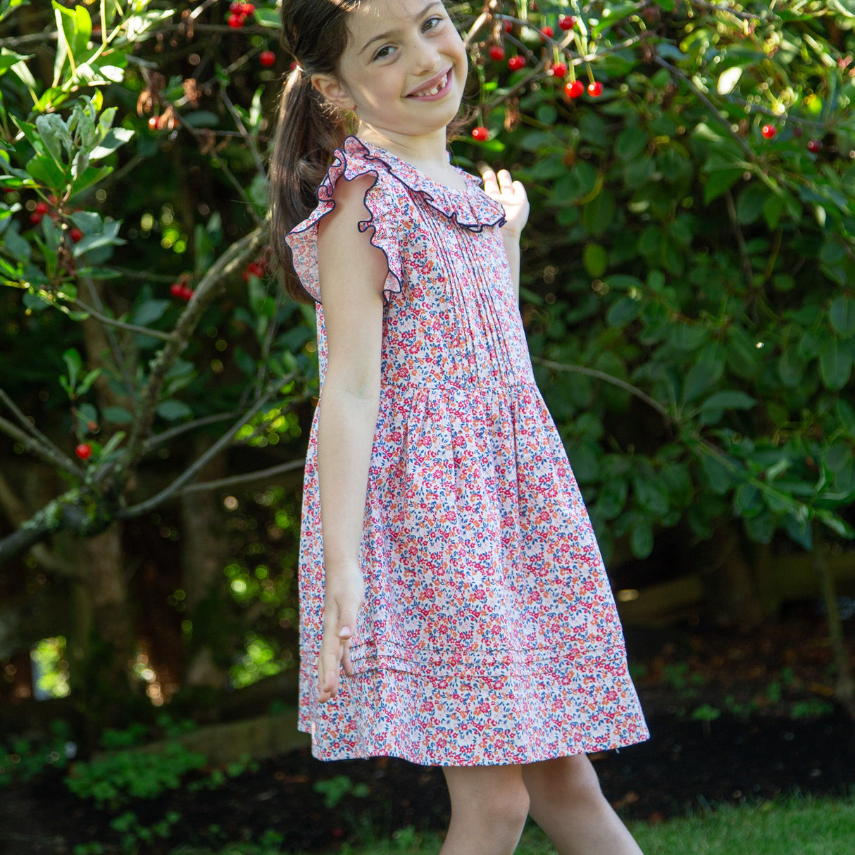 Girls Ana Dress with Ruffles | Red and Blue Floral - HoneyBug