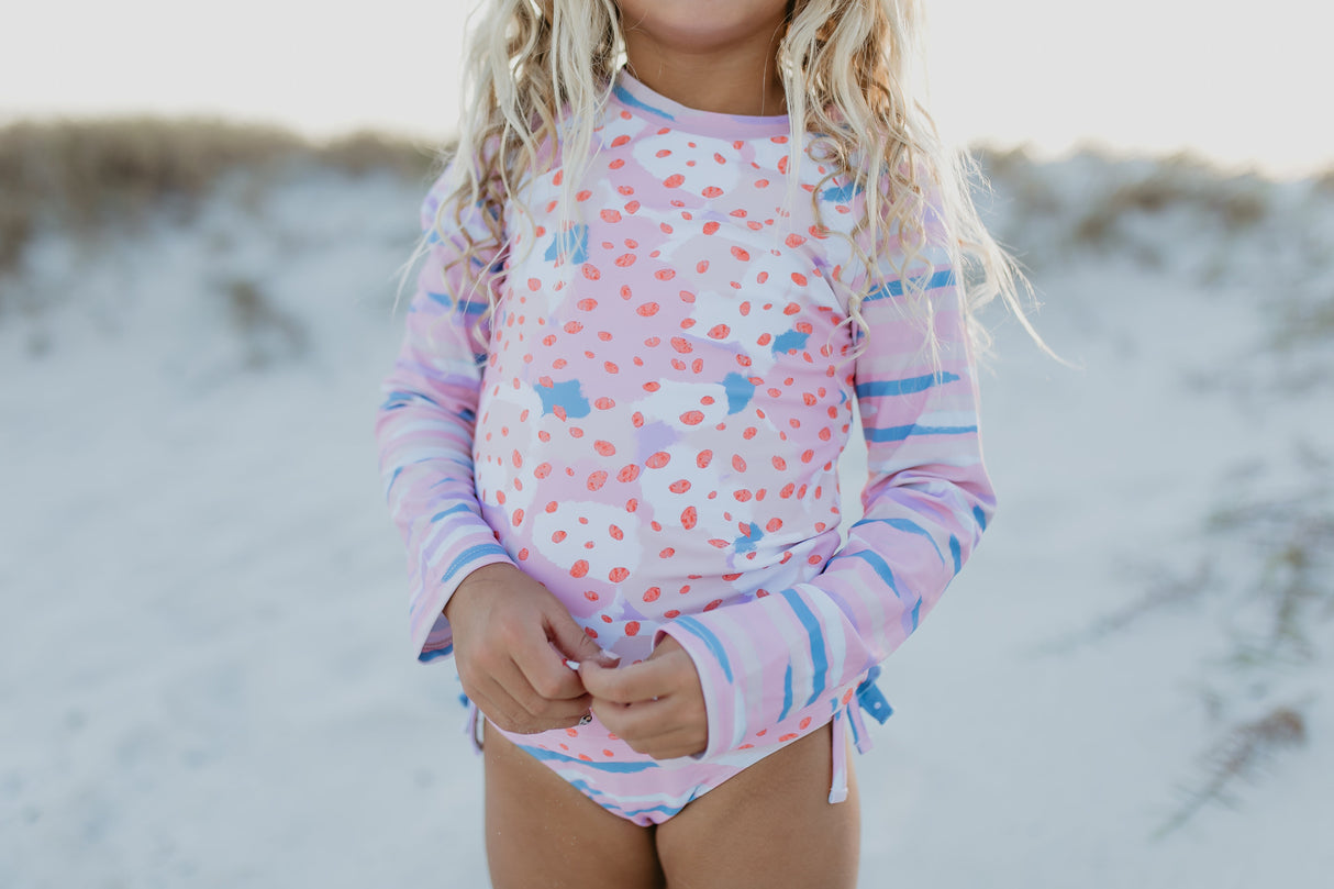 Elsie Pink Blue Abstract Long Sleeve Rash Guard Swimsuit - HoneyBug