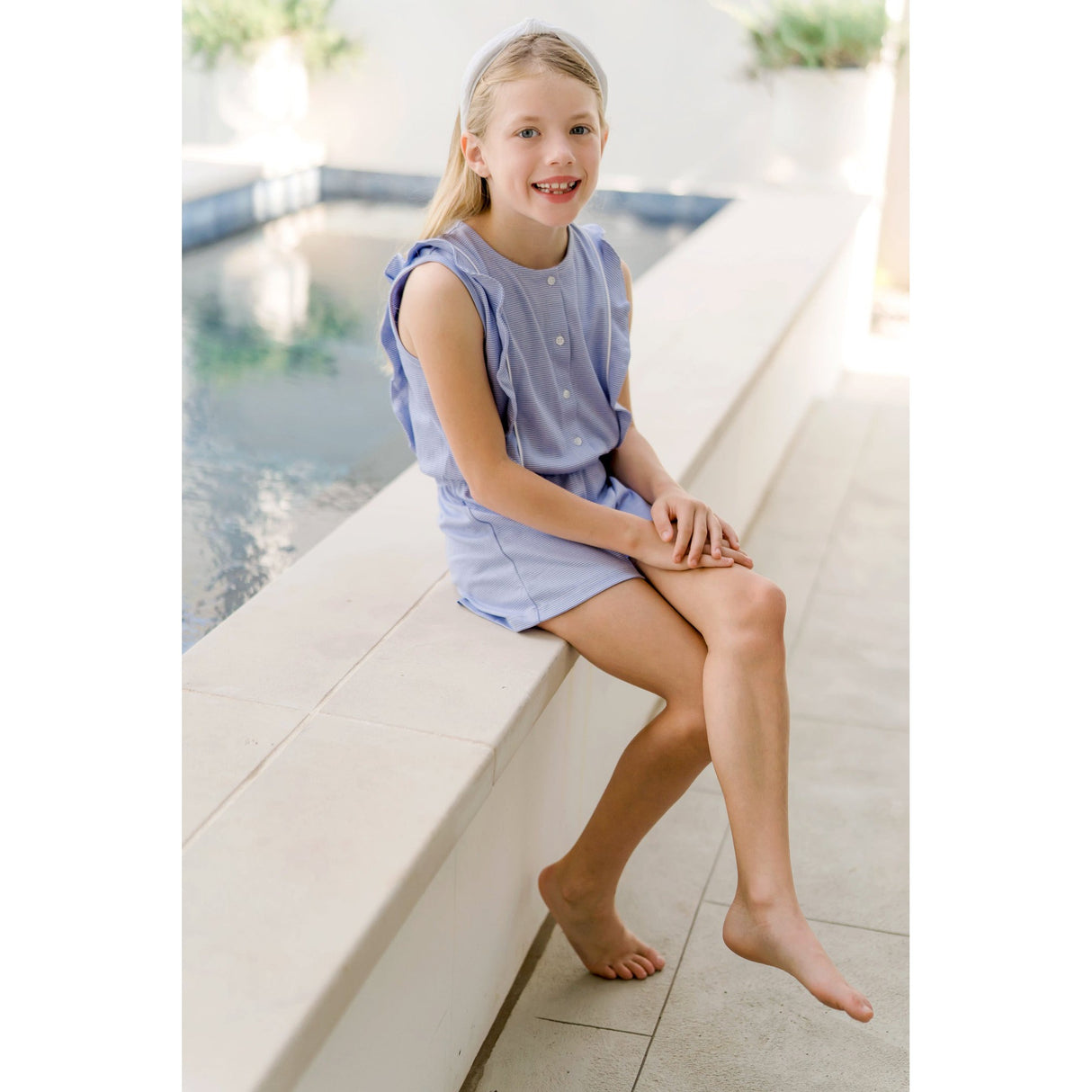 Lola Girls' Pima Cotton Romper - Blue and White Stripes - HoneyBug