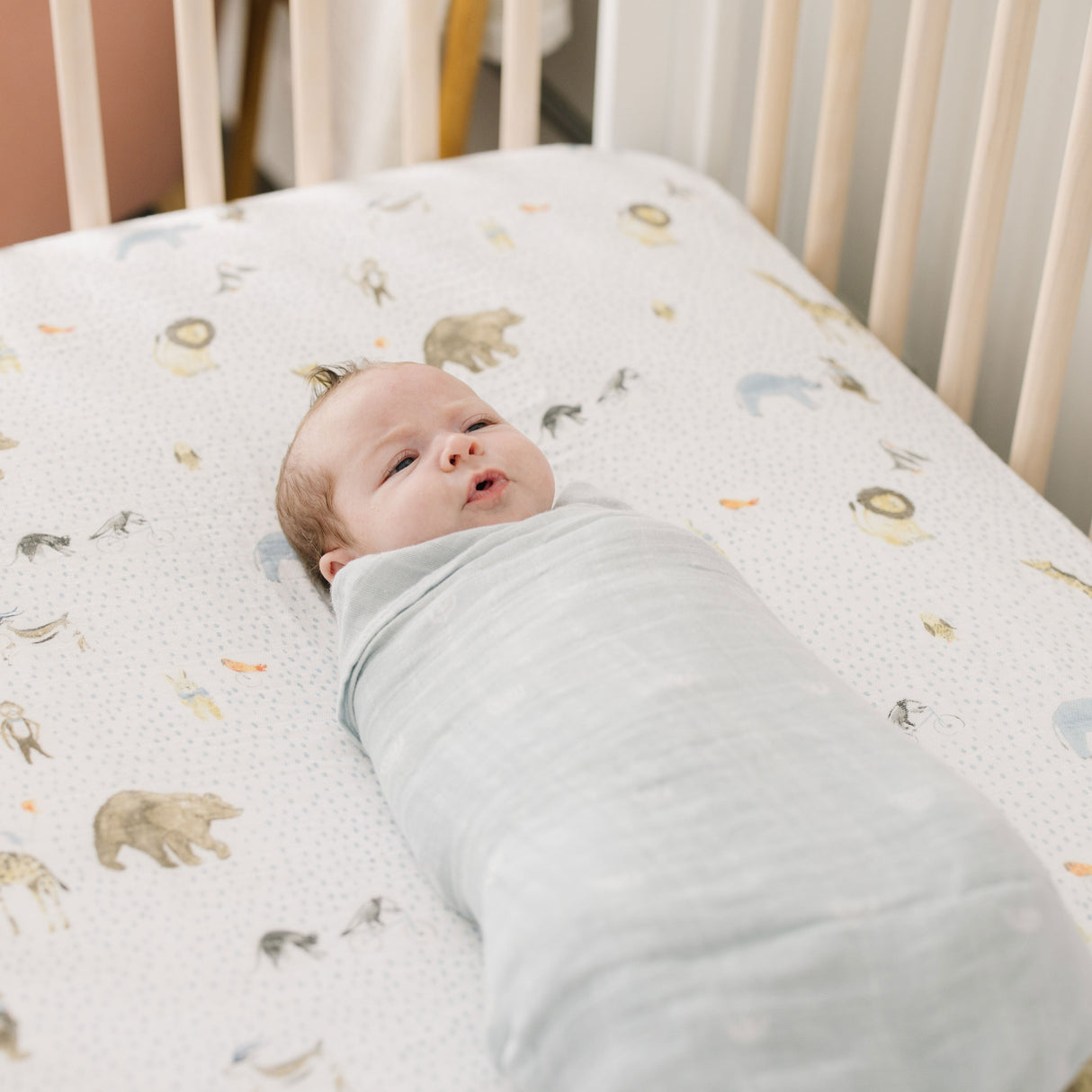 Cotton Muslin Crib Sheet - Party Animals - HoneyBug