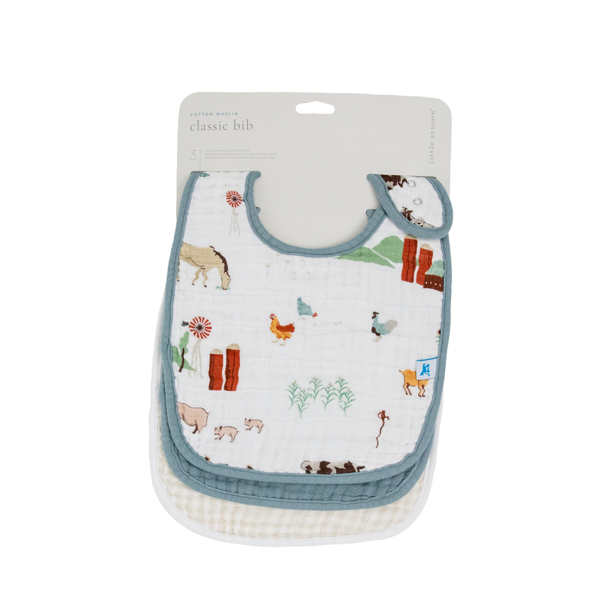Cotton Muslin Classic Bib 3 Pack - Farmyard - HoneyBug