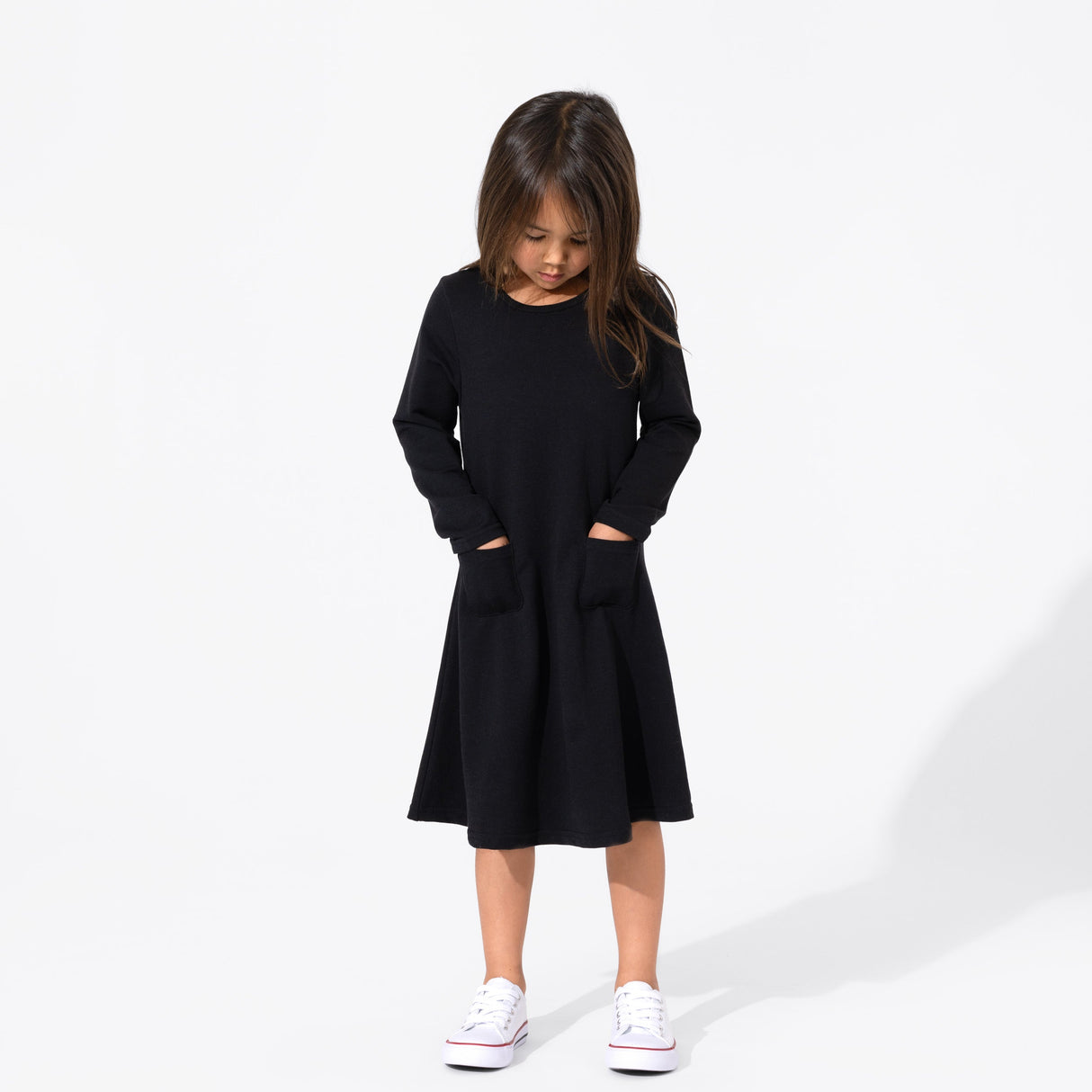 Obsidian Black Bamboo Terry Daywear Girls' Long Sleeve Dress - HoneyBug