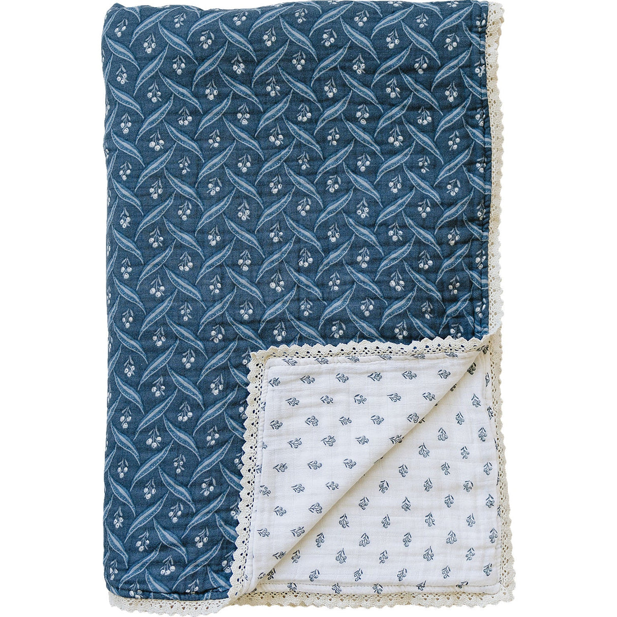 Navy Berry + Cream Berry Lace Twin Muslin Quilt - HoneyBug
