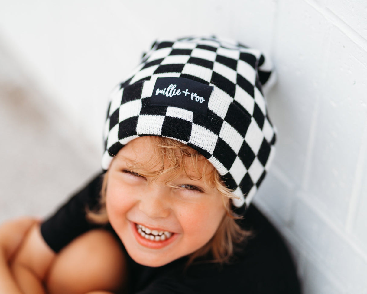 BAMBOO CUFF BEANIE- B+W Check - HoneyBug