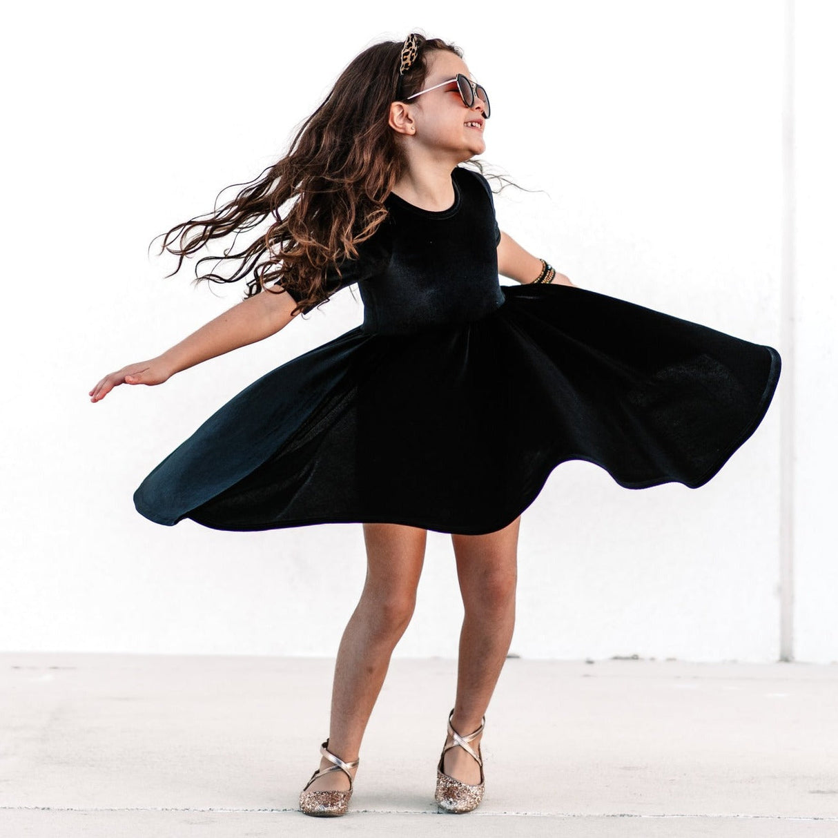 VELVET MID SLEEVE TWIRL- Onyx Stretch Velvet Twirl Dress - HoneyBug