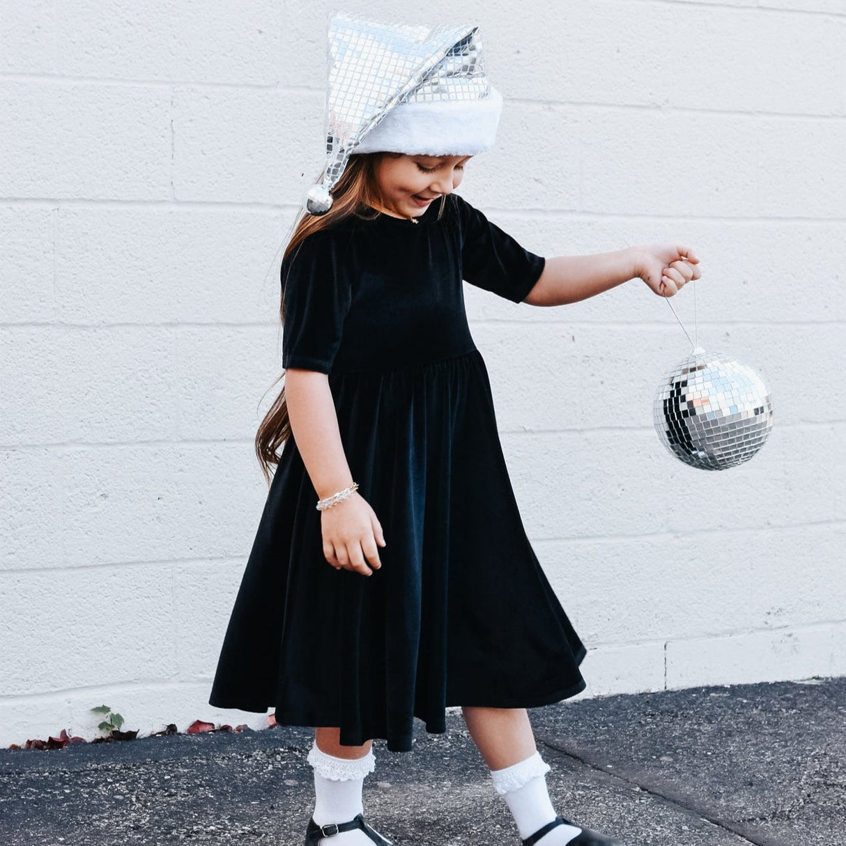 VELVET MID SLEEVE TWIRL- Onyx Stretch Velvet Twirl Dress - HoneyBug