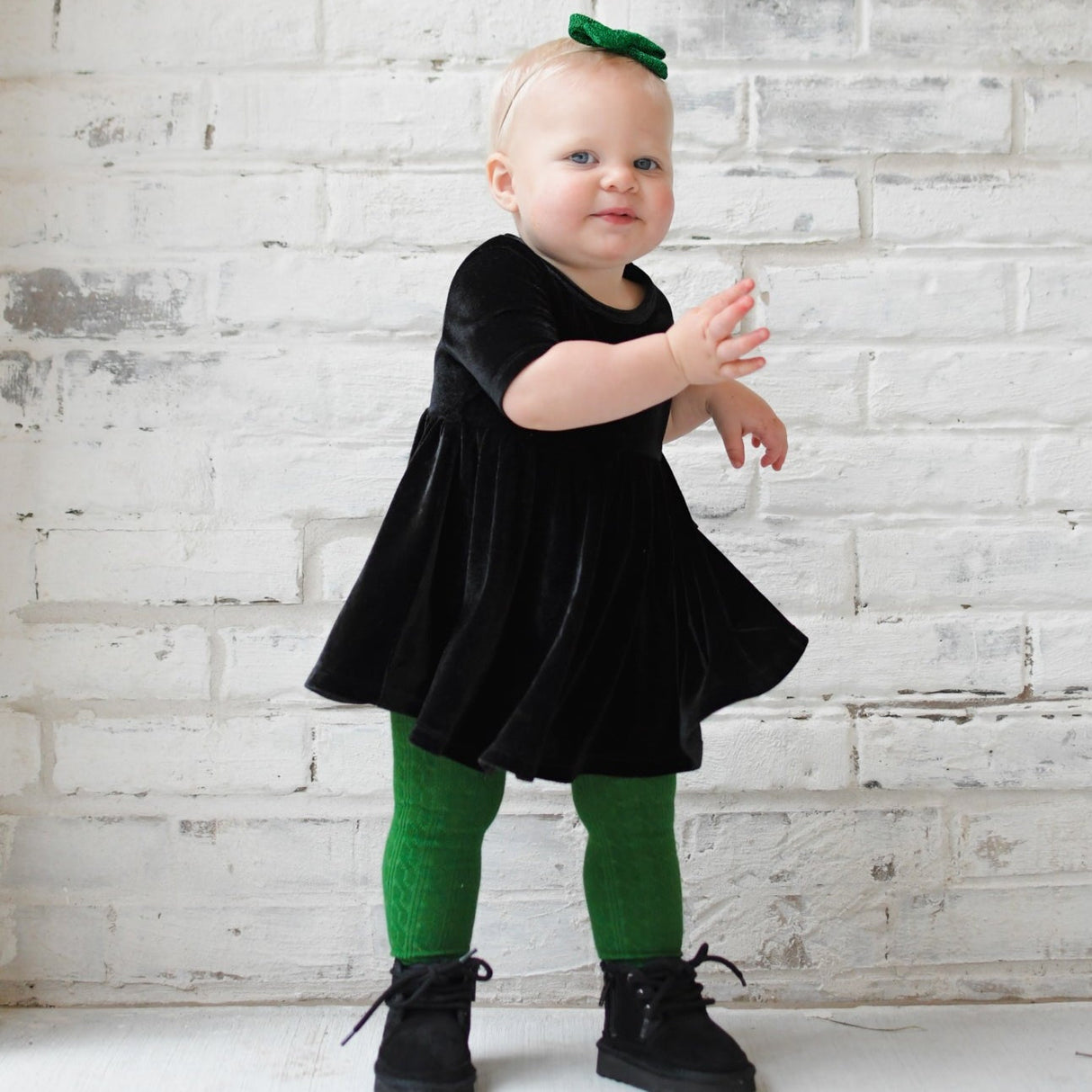 VELVET MID SLEEVE TWIRL- Onyx Stretch Velvet Twirl Dress - HoneyBug