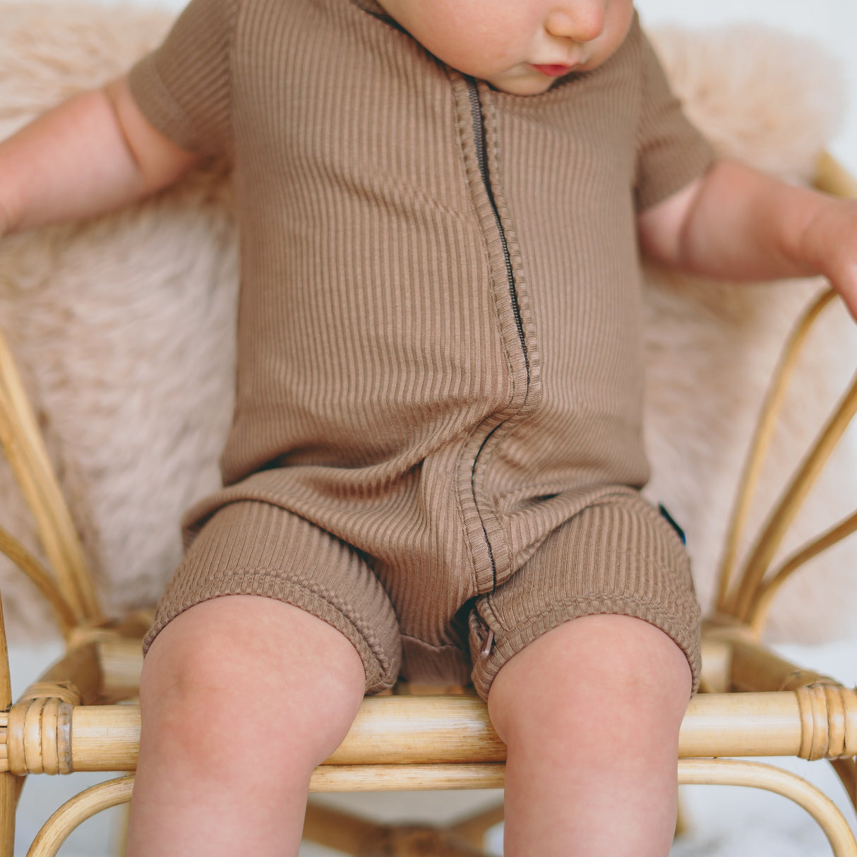 SHORTIE ZIP ROMPER - Mocha Ribbed - HoneyBug