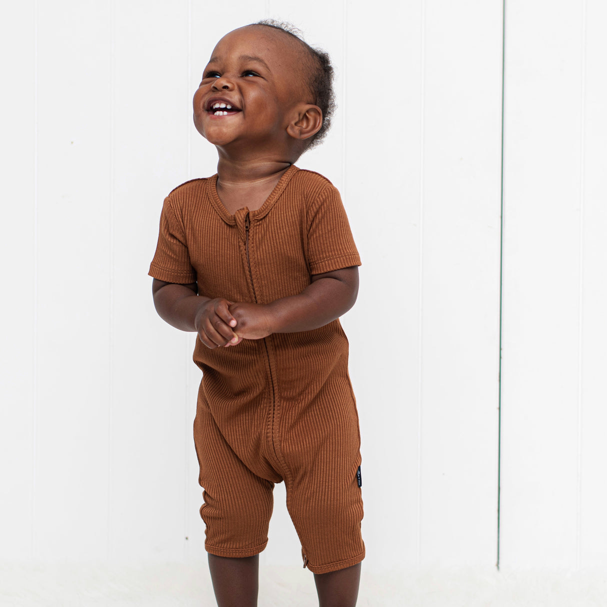 SHORTIE ZIP ROMPER - Bark Ribbed - HoneyBug