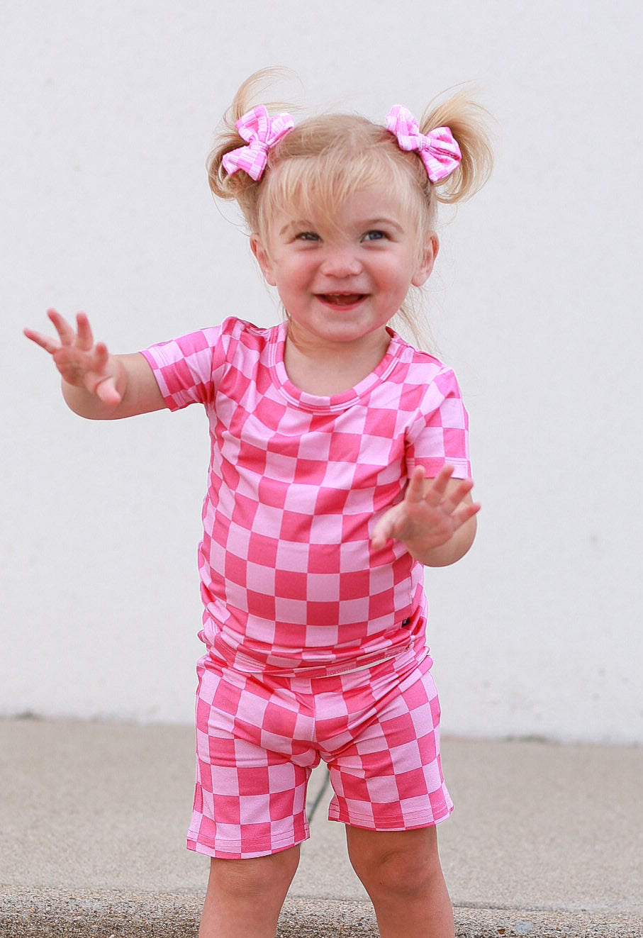 TWO PIECE SHORTIE SET- Pink Check - HoneyBug