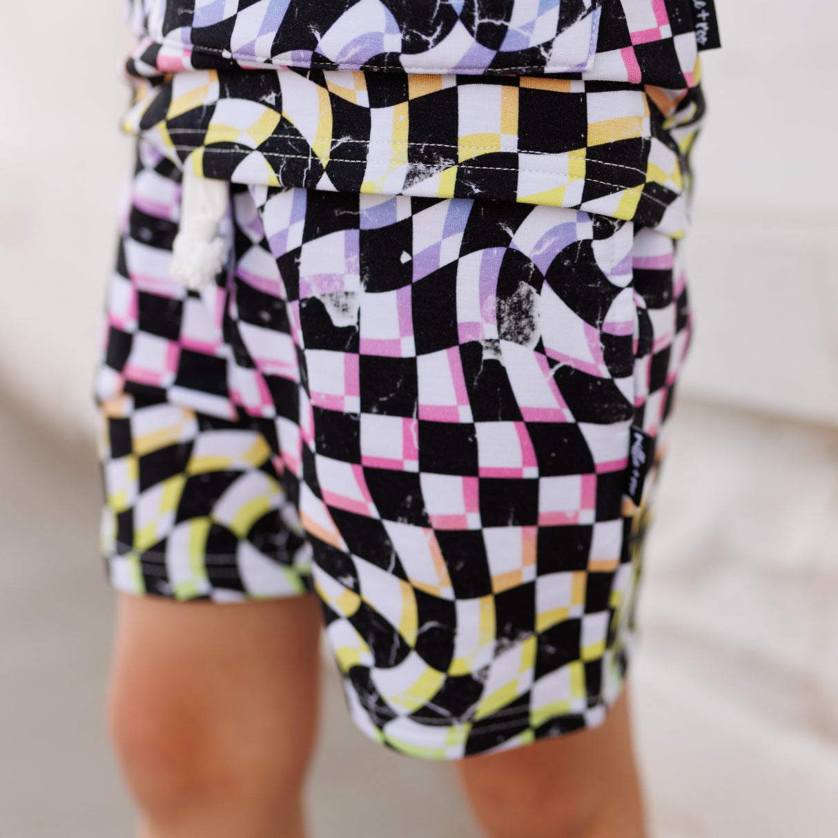 BAMBOO JOGGER SHORTS- Neon Dizzy Check - HoneyBug