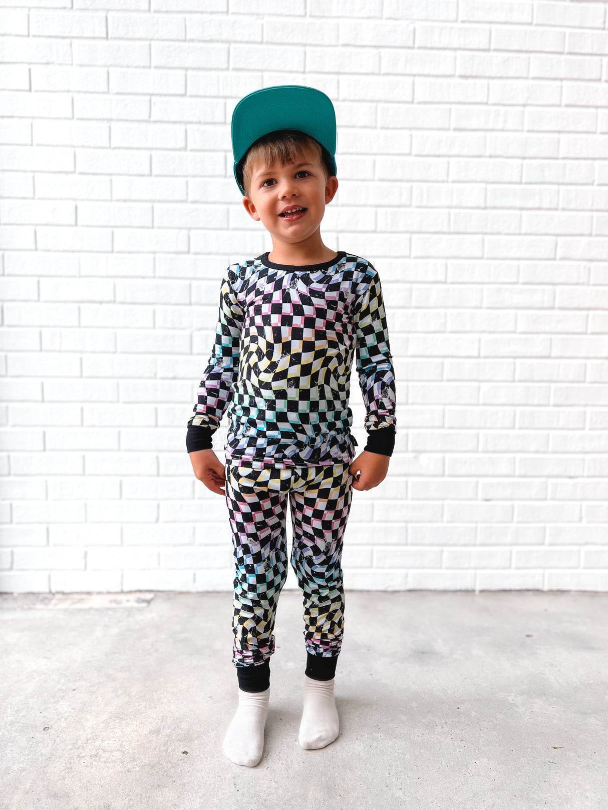 LONG SLEEVE 2 PIECE SETS- Neon Dizzy Check - HoneyBug