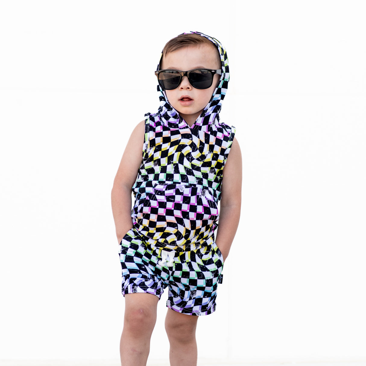 BAMBOO HOODIE TANK- Neon Dizzy Check - HoneyBug