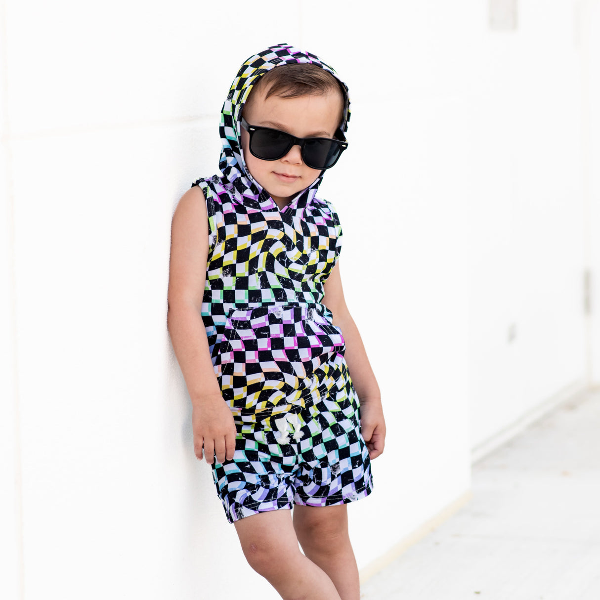 BAMBOO HOODIE TANK- Neon Dizzy Check - HoneyBug