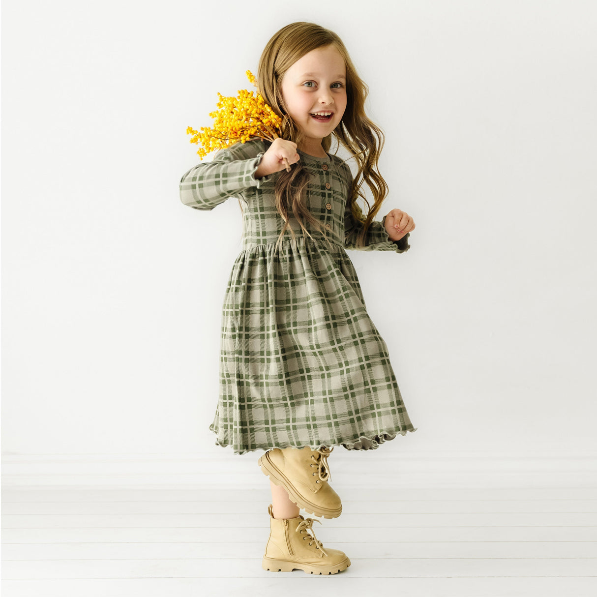 Organic Long Sleeve Twirl Dress - Plaid - HoneyBug