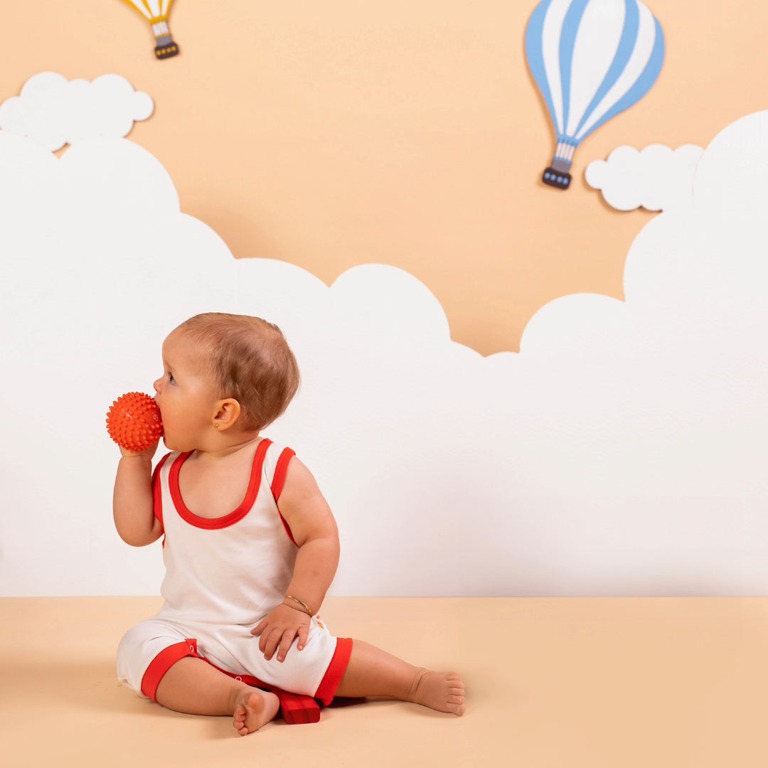 100% Peruvian Pima Cotton White with Engine Red Sleeveles Summer Romper - HoneyBug