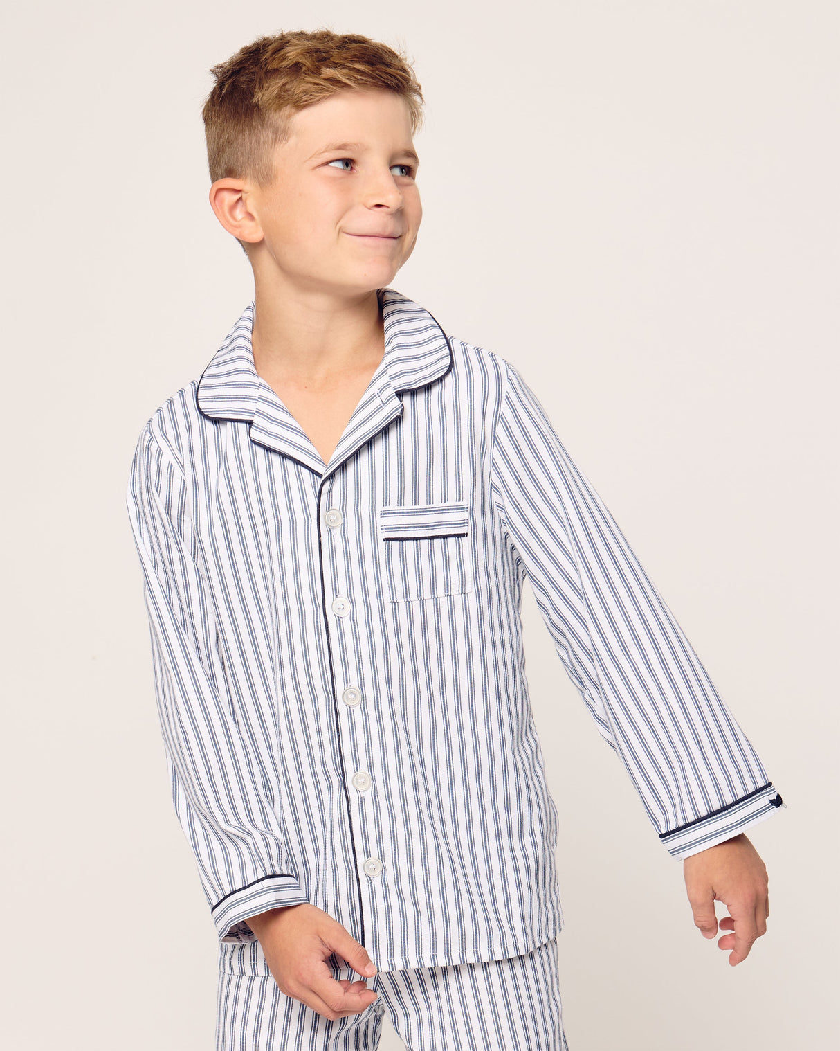 Kid's Twill Pajama Set in Navy French Ticking - HoneyBug