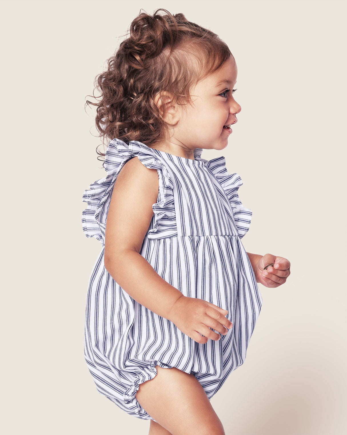 Baby's Twill Ruffled Romper in Navy French Ticking