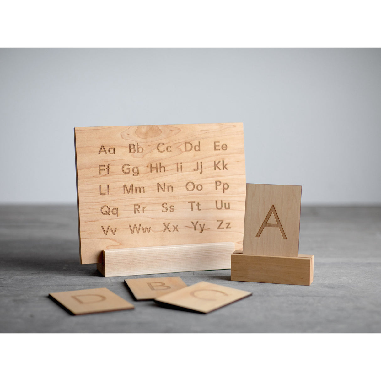 Wooden Alphabet Montessori Board and Tabletop Reference Chart β’Β Modern Sans Serif - HoneyBug
