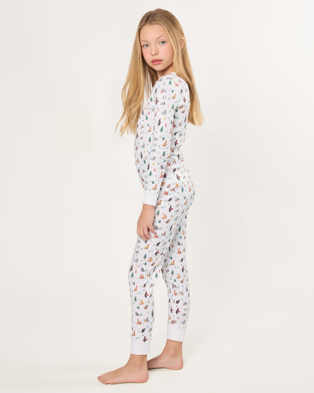 Kid's Pima Snug Fit Pajama Set in Merry Meow - HoneyBug