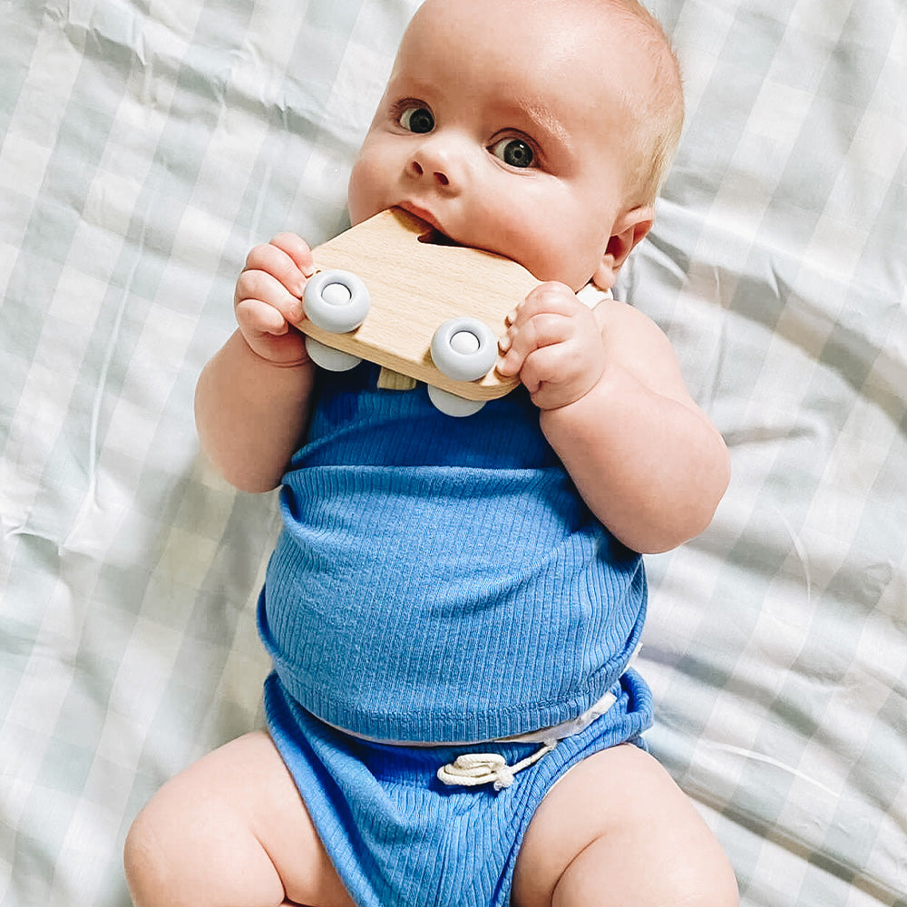 Blue Bunny Silicone + Wood Teether with Wheels - HoneyBug