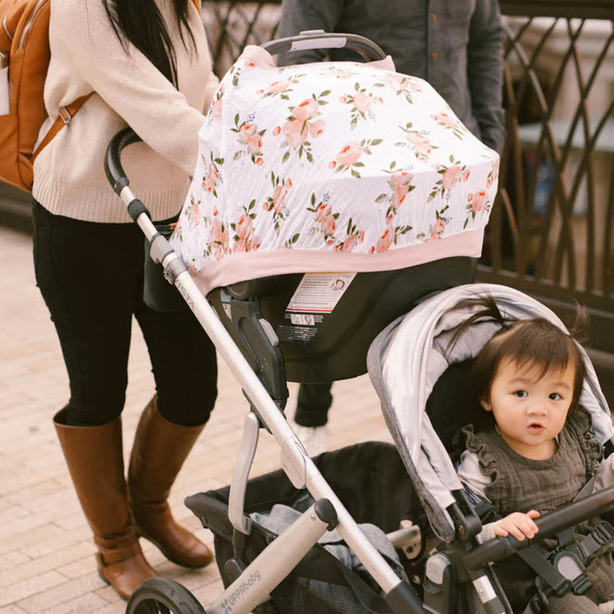 Cotton Muslin Car Seat Canopy - Watercolor Roses - HoneyBug