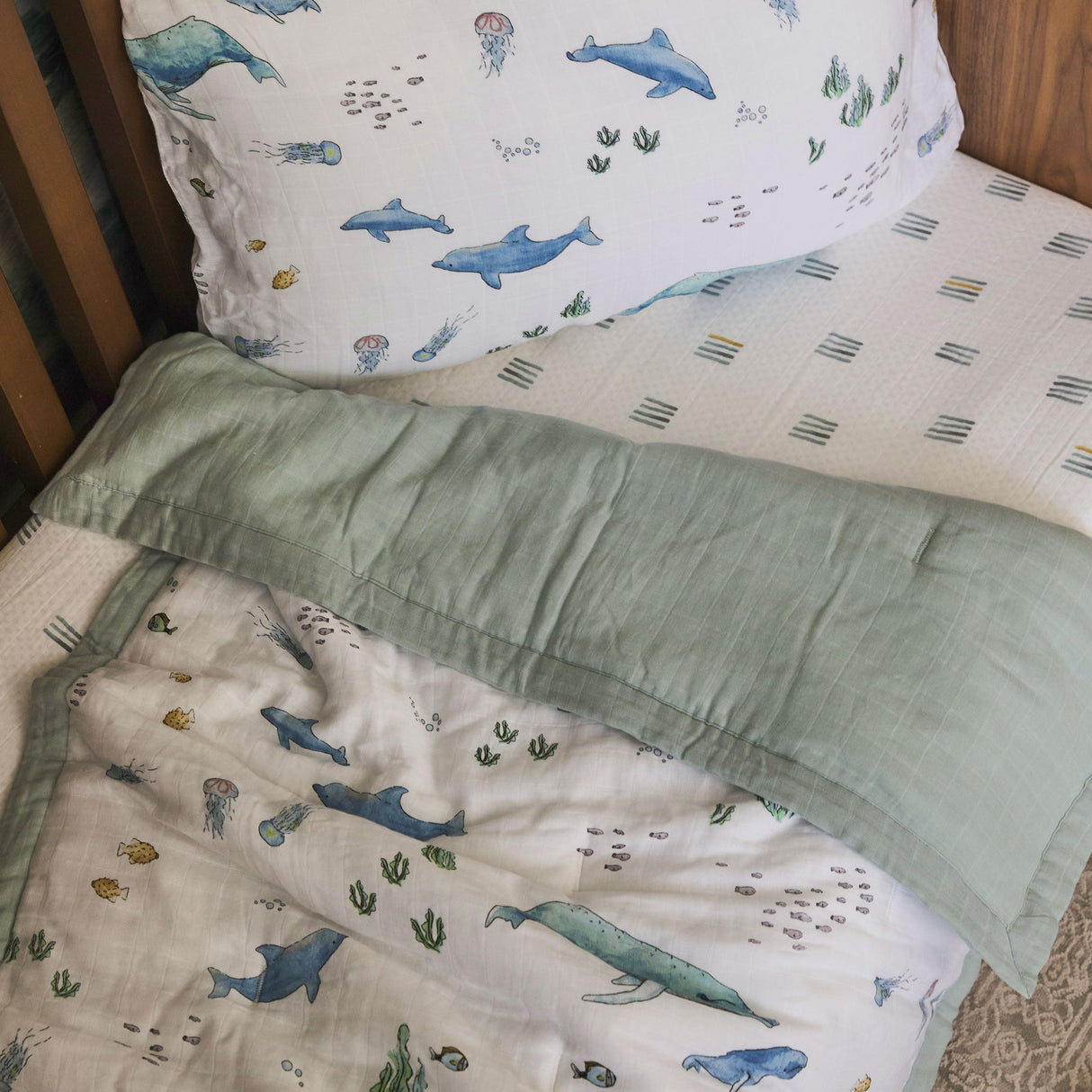 Cotton Muslin Toddler Comforter - Whales - HoneyBug