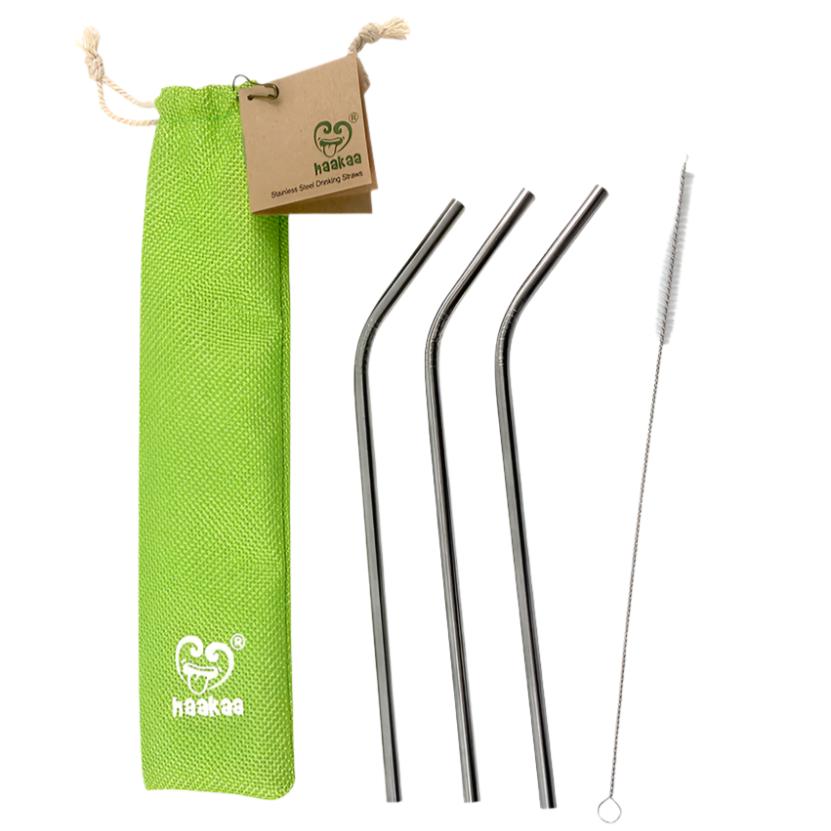Haakaa Curved Stainless Steel Straws with Cleaning Brush, 3 pk - HoneyBug