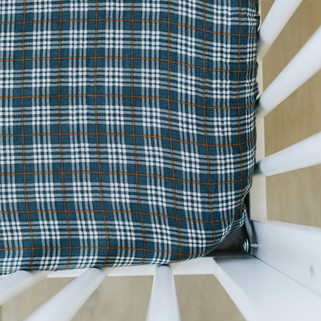 Navy Plaid Muslin Crib Sheet - HoneyBug