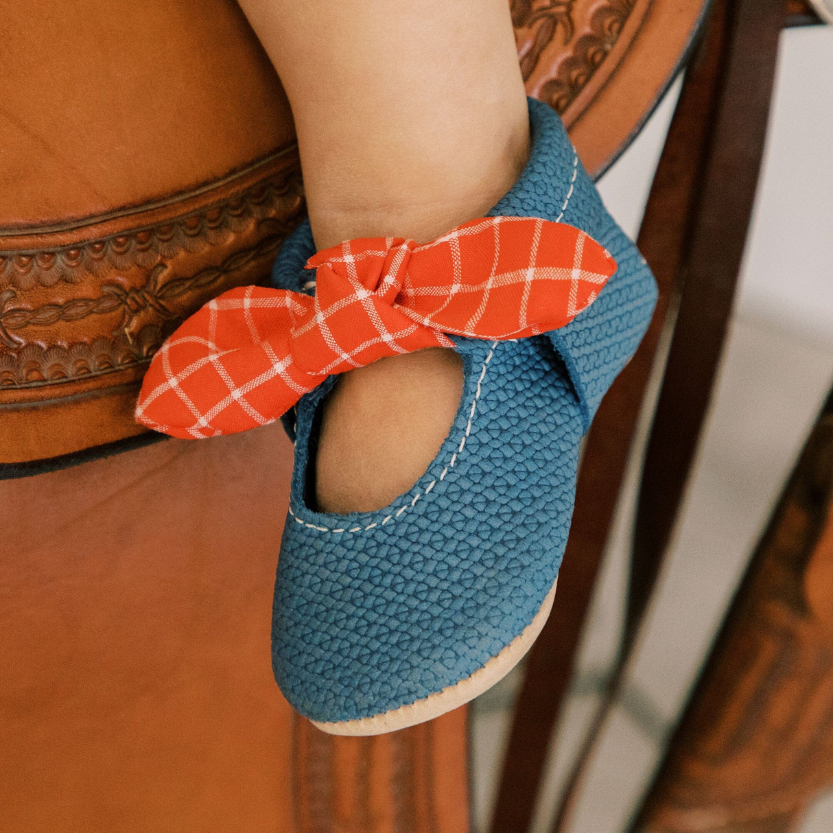 Blue Jean Knotted Bow Baby Shoe - HoneyBug