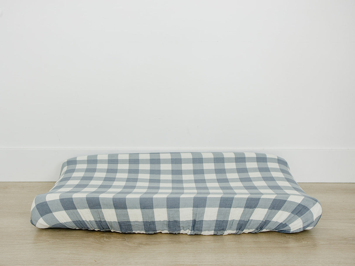 Dusty Blue Gingham Muslin Changing Pad Cover - HoneyBug