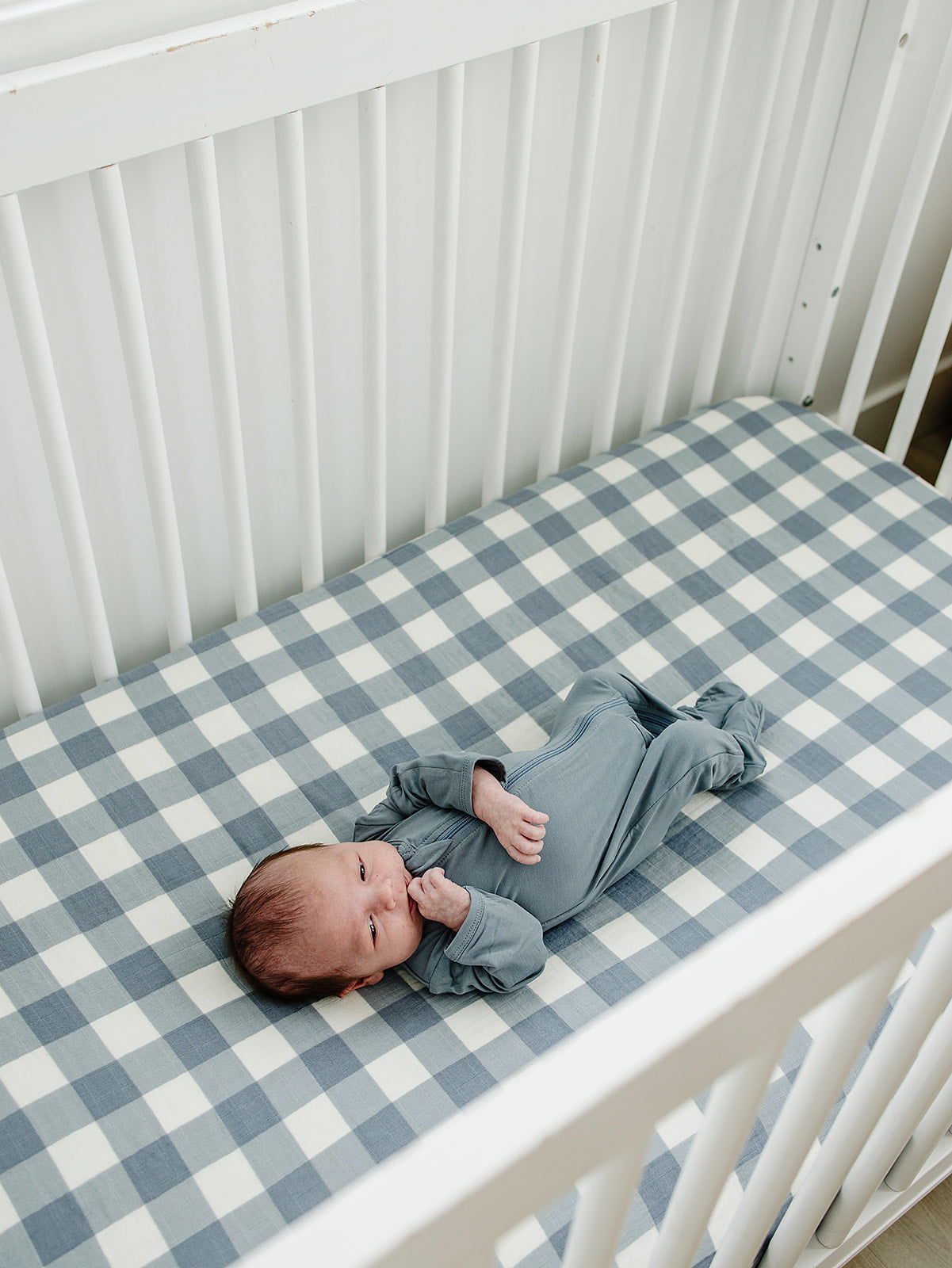 Dusty Blue Gingham Muslin Crib Sheet - HoneyBug