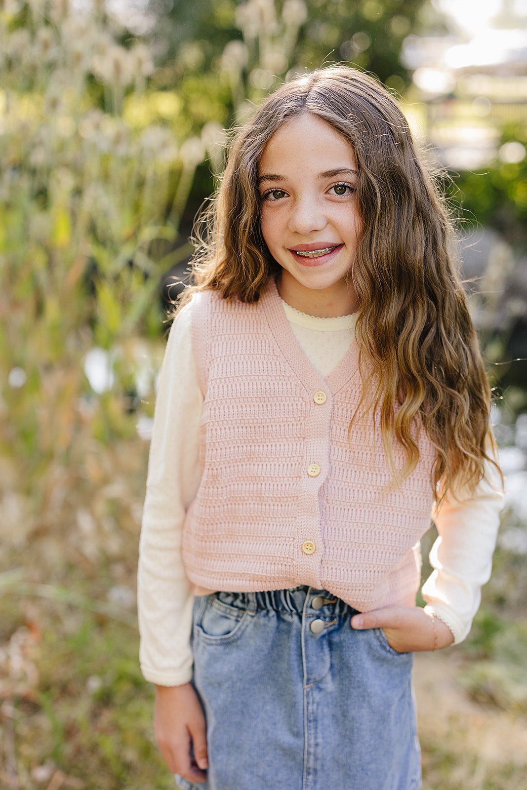 Pink Knit Button Down Vest - HoneyBug