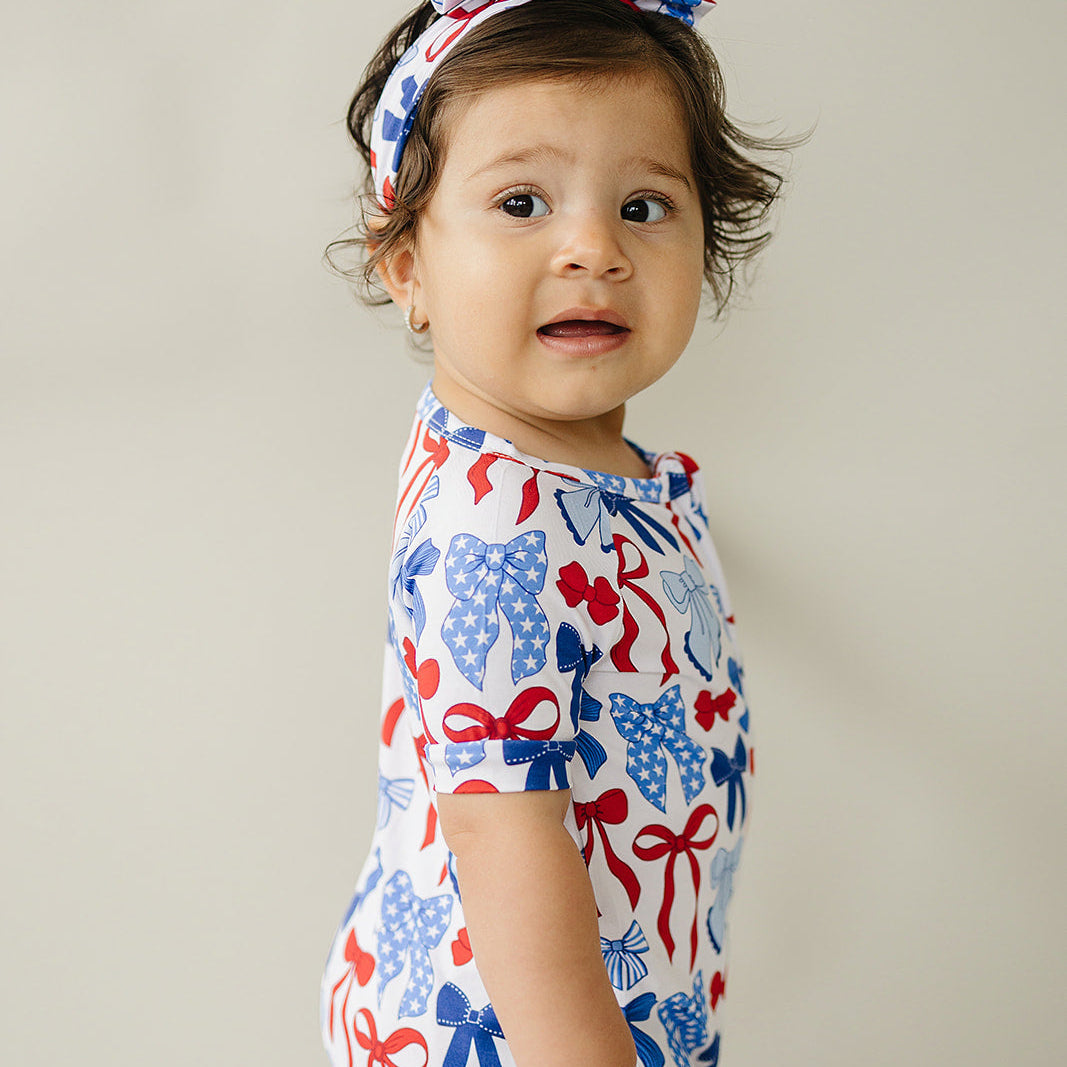 Bamboo Shorty Romper | Red-White & Bows
