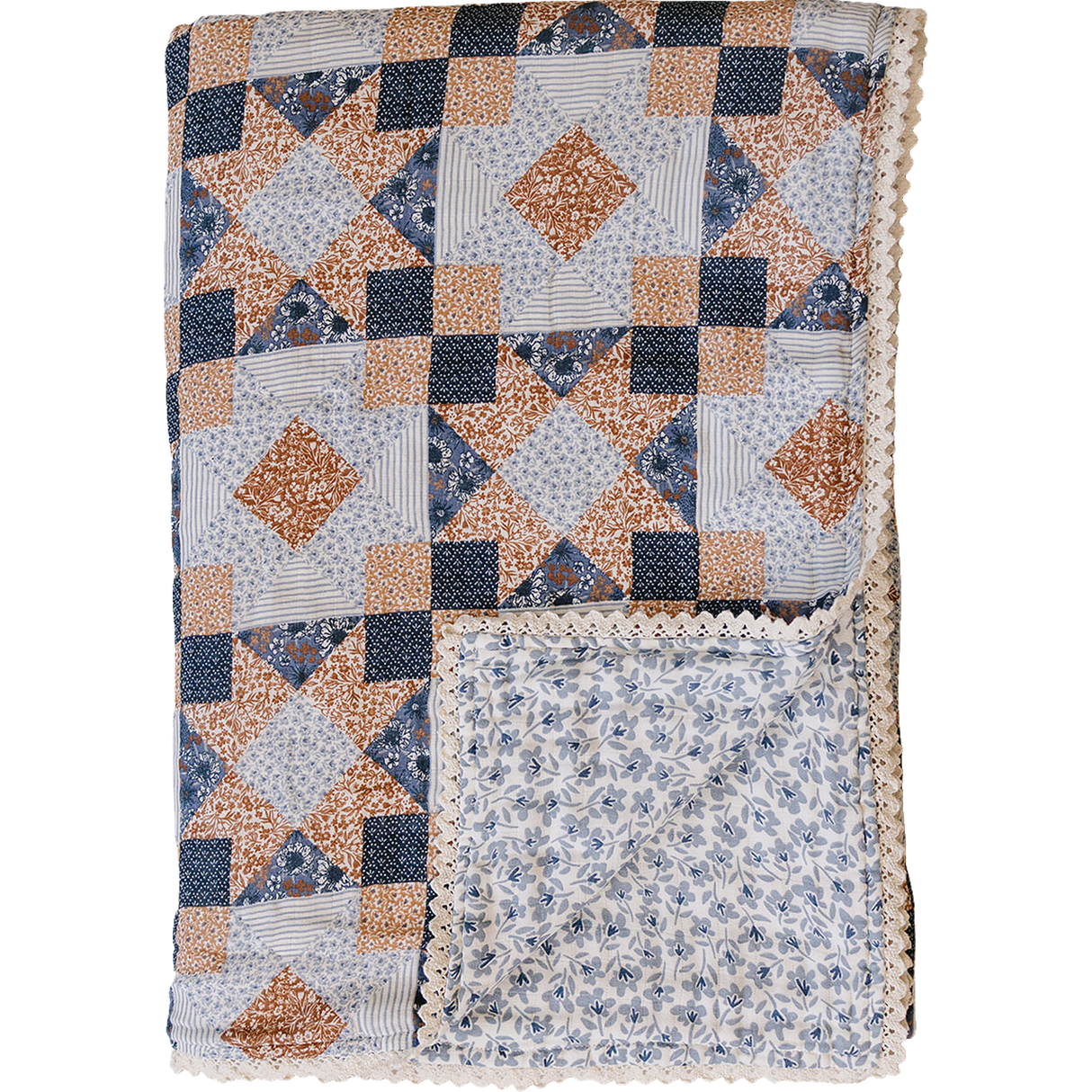 Patchwork Print + Blue Blossom Lace Twin Muslin Quilt