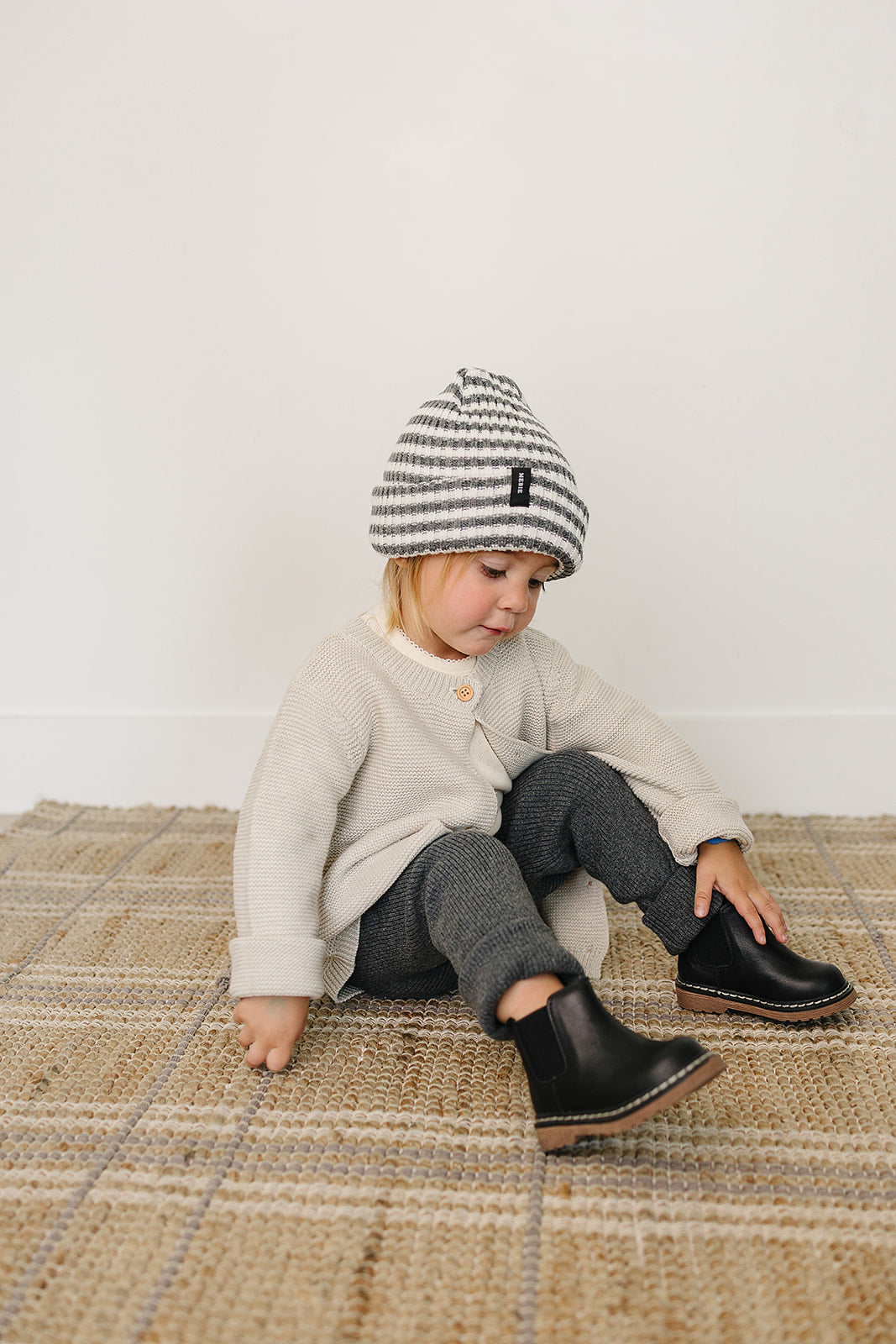Grey & White Stripe Chunky Knit Beanie - HoneyBug