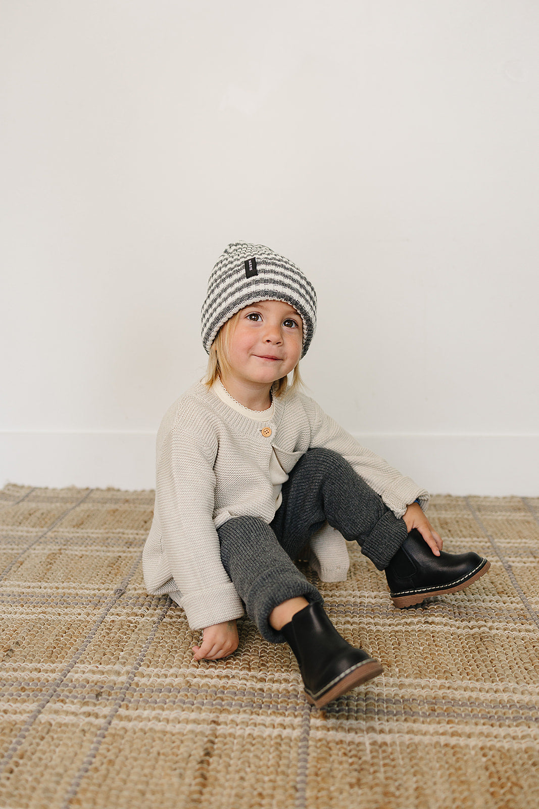 Grey & White Stripe Chunky Knit Beanie - HoneyBug