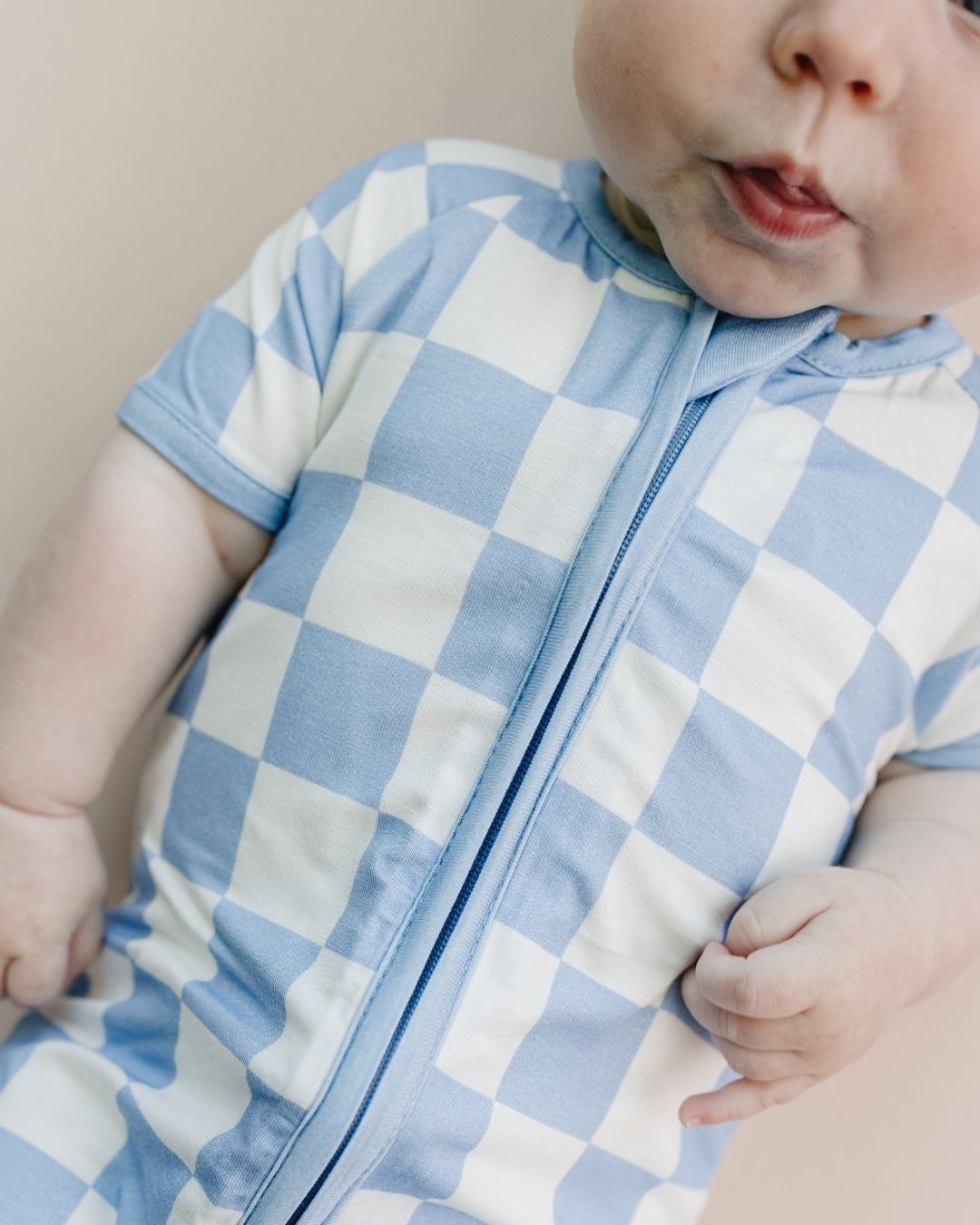 Bamboo Shorty Romper | Blue Checkered - HoneyBug