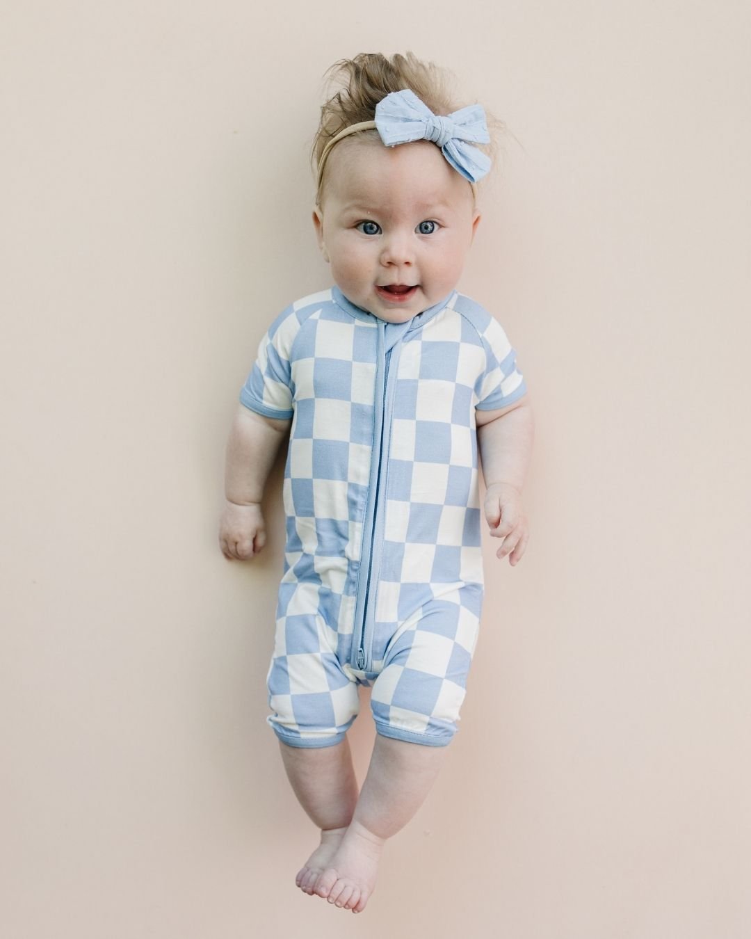 Bamboo Shorty Romper | Blue Checkered - HoneyBug