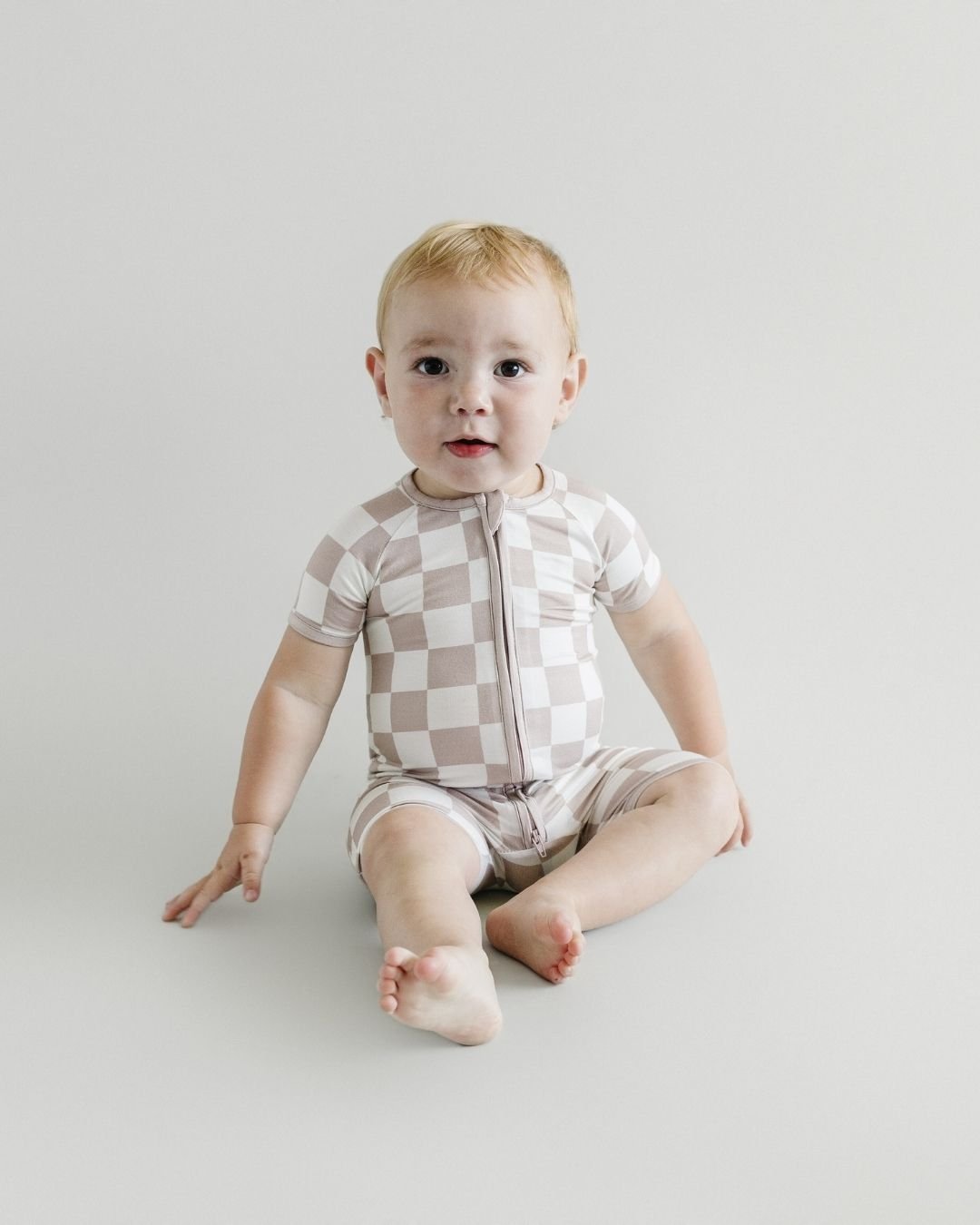 Bamboo Shorty Romper | Latte Checkered - HoneyBug