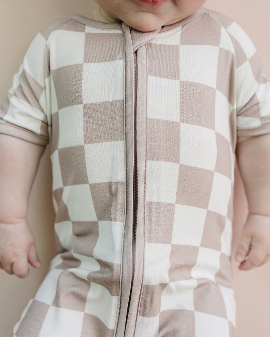 Bamboo Shorty Romper | Latte Checkered - HoneyBug