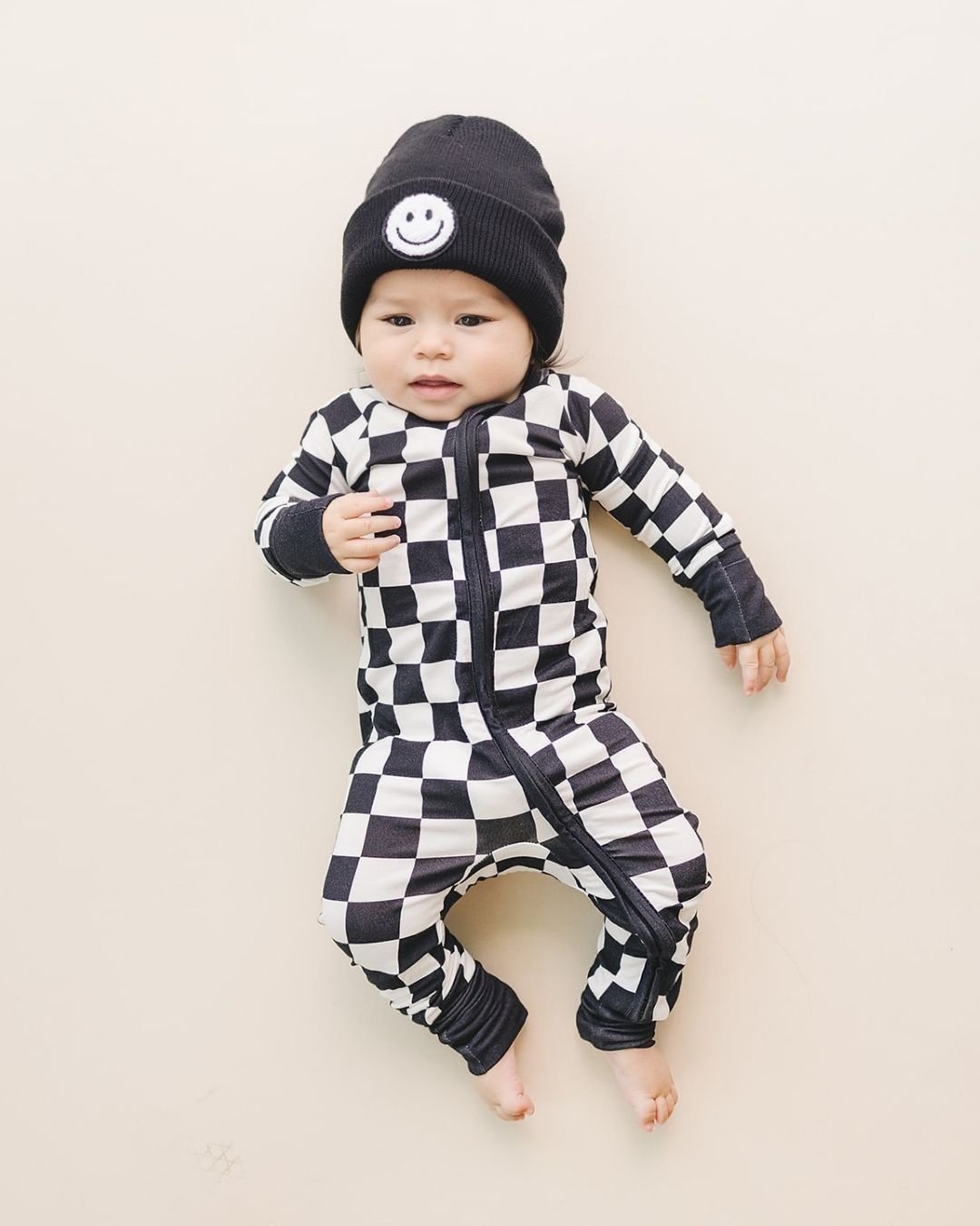 Bamboo Zip Romper | Black Checkered - HoneyBug