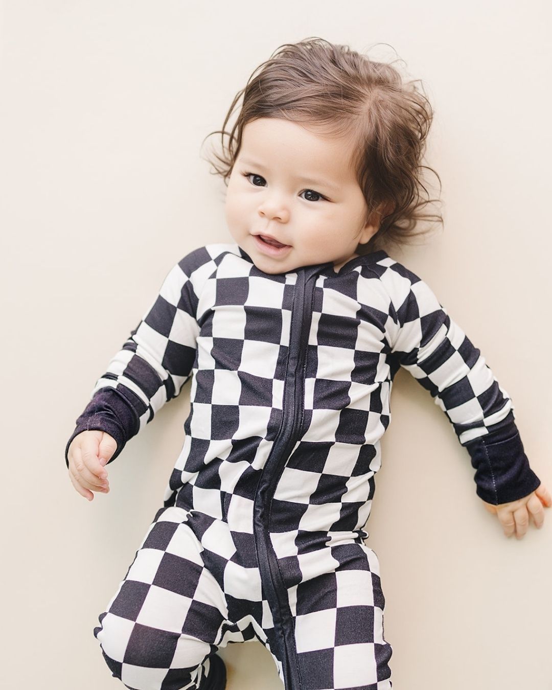 Bamboo Zip Romper | Black Checkered - HoneyBug