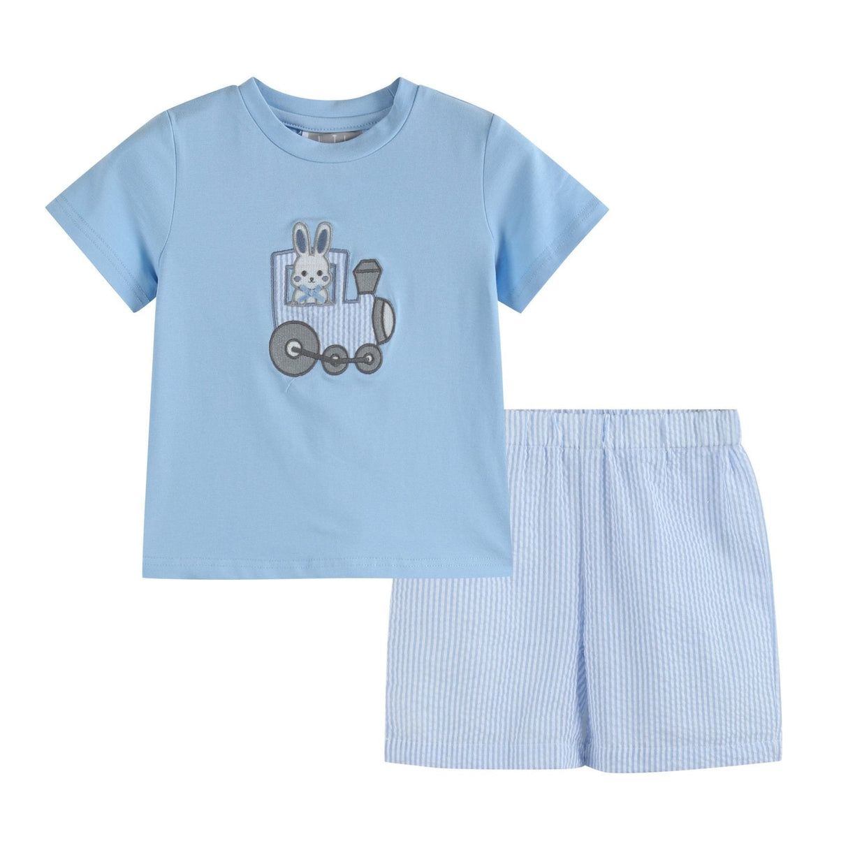 Blue Easter Train T-Shirt and Seersucker Shorts Set