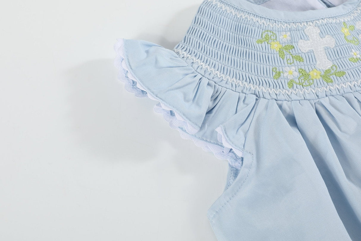 Blue Floral Crosses Smocked Bishop Dress