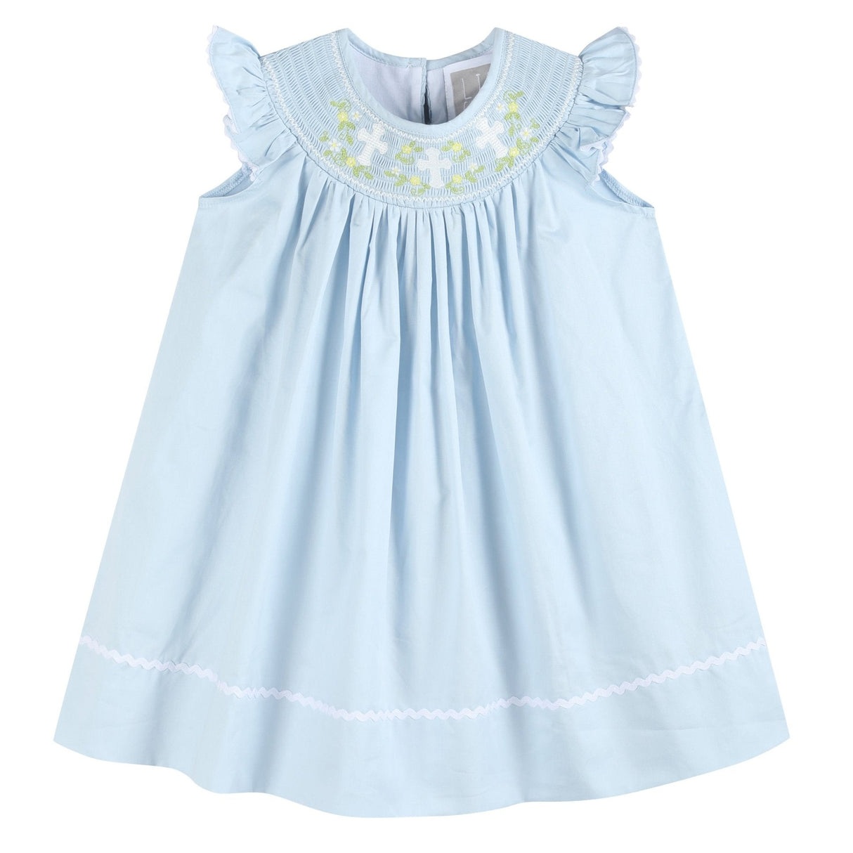 Blue Floral Crosses Smocked Bishop Dress