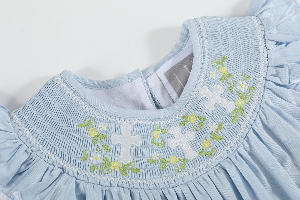 Blue Floral Crosses Smocked Bishop Dress