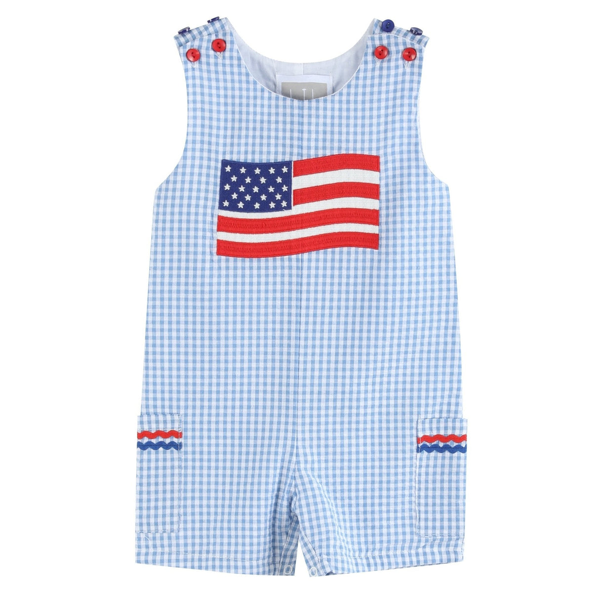 Blue Gingham American Flag Pocket Shortalls