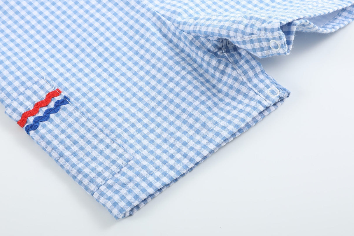 Blue Gingham American Flag Pocket Shortalls